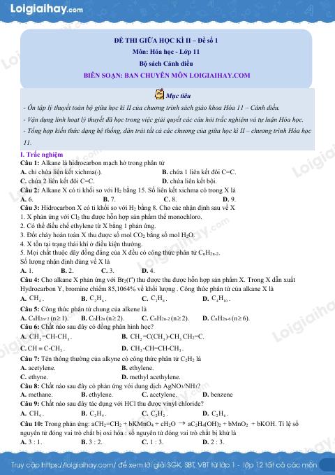 Đề thi giữa kì 2 Hóa 11 Cánh diều - Đề số 1